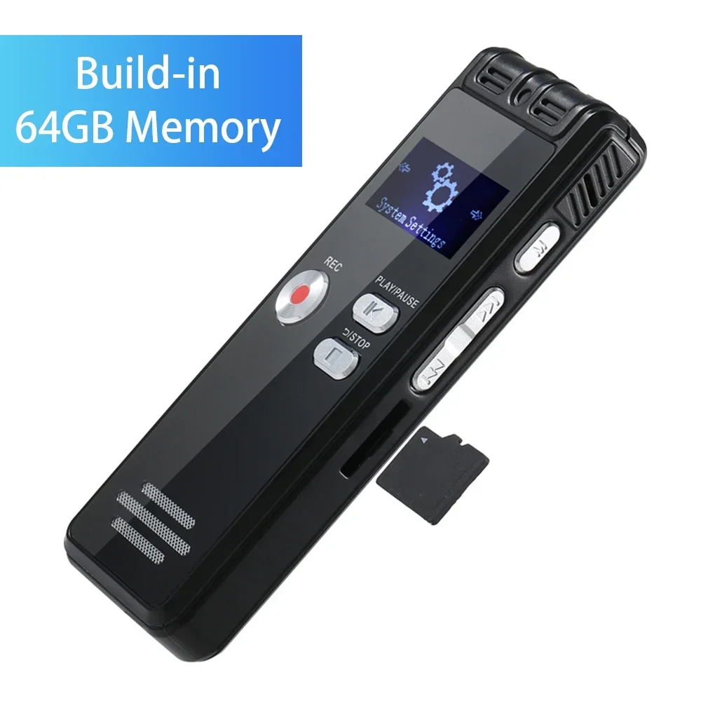 64G Digital Voice Recorder Activated Record Playback MP3 Music Player with Mic and Speaker 1536KBPS HD Recording USB Charging