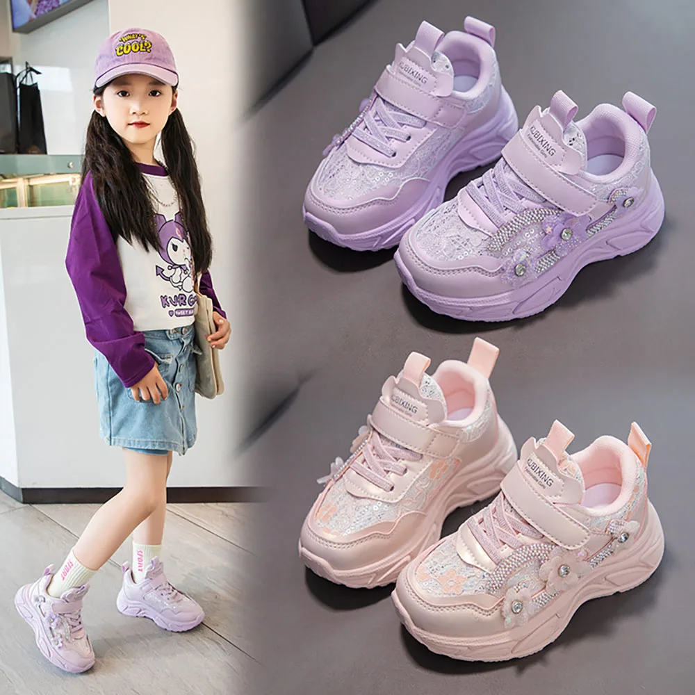 Lente Prinses Sportschoenen Voor Meisjes Koreaanse Stijl Luxe Strass Tennisschoenen Voor Kinderen Ademende Glitter Loopschoenen Meisje