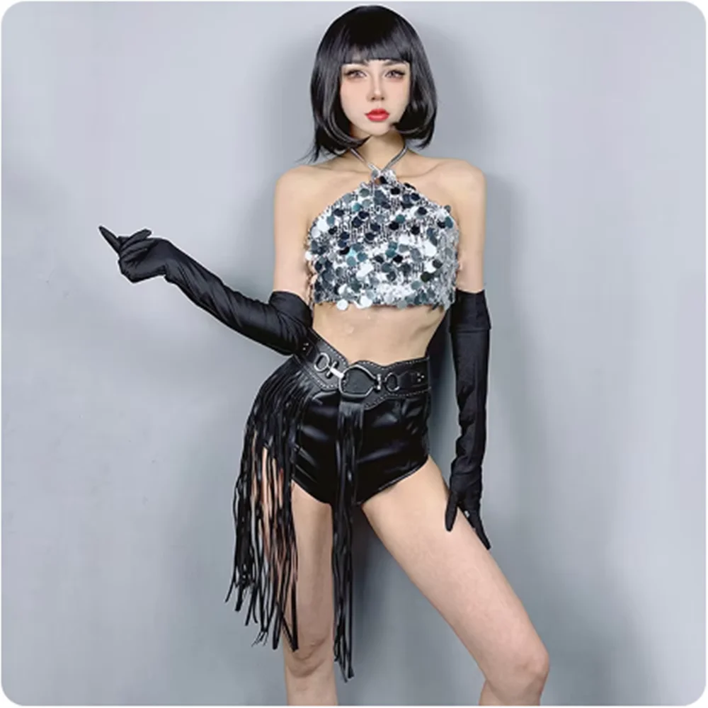 Strój do klubu nocnego, jazzowy, taneczny, damski, hip-hopowy, kostium sceniczny, seksowny strój dla tancerki gogo, srebrna cekinowa kamizelka, czarne szorty z frędzlami, 2025
