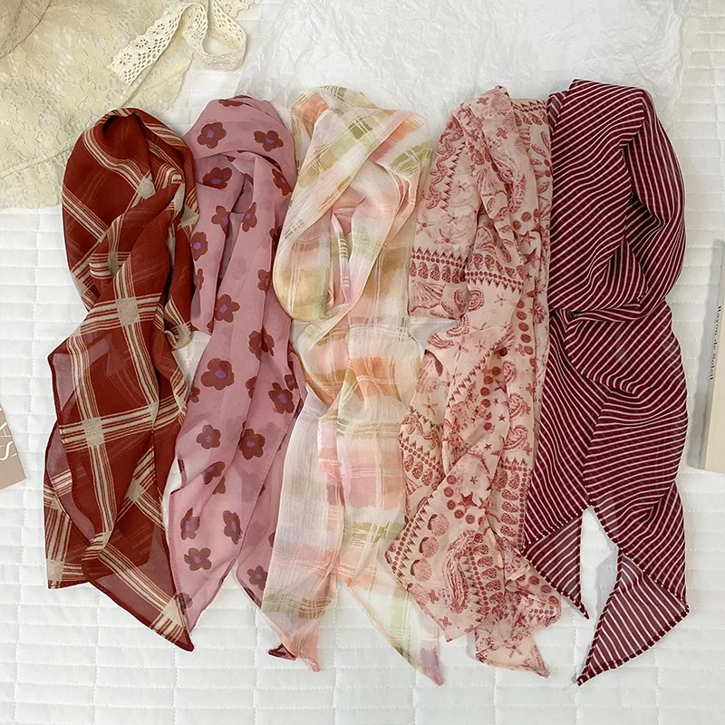 Silk Scarf Long Skinny French Style Lightweight Breathable Premium Neck Wrap for Women Spring Summer Daily Office Commute Gift