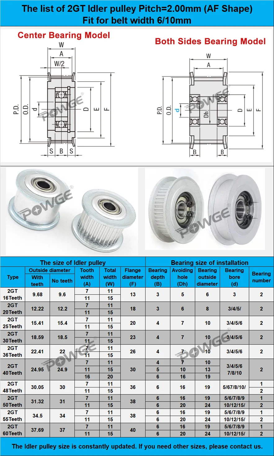 POWGE 25 30 36 40 Teeth 2GT 2MGT Idler Timing Pulley Bearing Bore 3/4/5/6/7/8mm for GT2 GT3 Belt Width 6/10/15MM 25T 30T 36T 40T