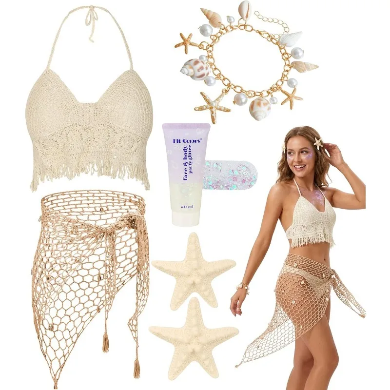 

6PCS Mermaid Costume Accessories Set,Adjustable Halter Crop Top Bra,Shell Crochet Siren Skirt for Adult,Body Glitter Gel,Beach