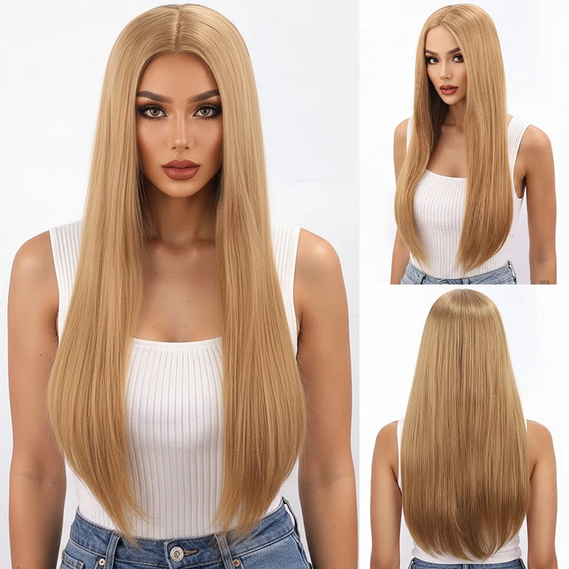 

Long straight hair, middle parting, no bangs, golden brown, natural fashionable European and American style full wig hairsty