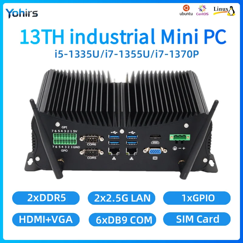 13th Mini PC Industrial sin ventilador Intel Core i5 1335U i7 1355U Dual Lan 6COM RS485/422/232 8USB GPIO 4G GPIO integrado ordenador PC