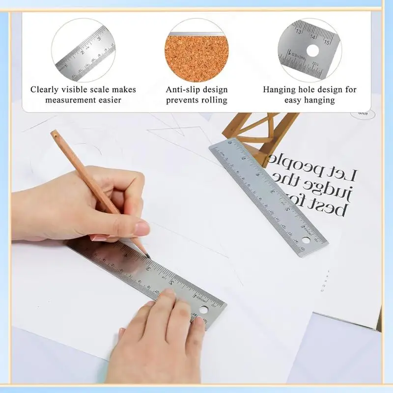 -A60I Replacement Parts Kit 3 Pcs 6-Inch Non-Slip Metal Ruler With Cork Backing, Straight Edge Cork Base Rulers For Woodworking