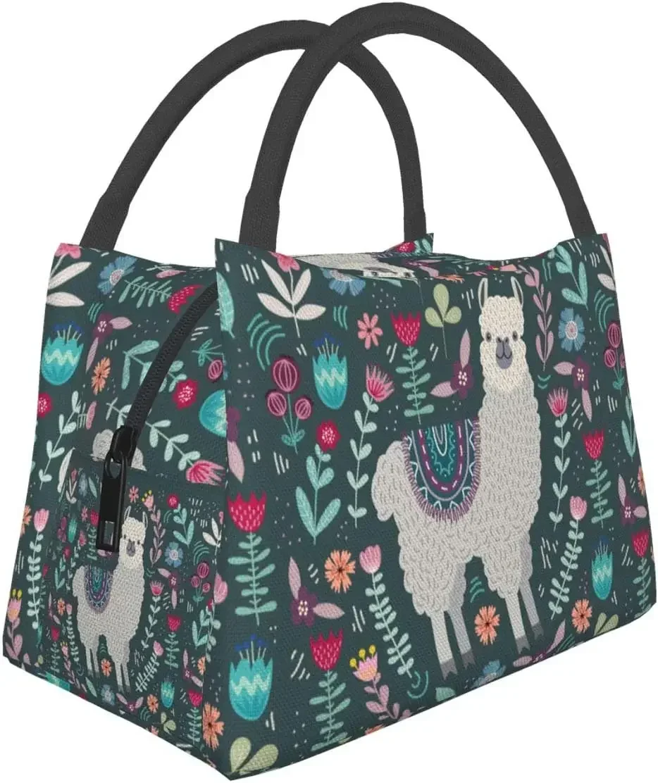 

Cute Llama with Floral Thermal Lunch Bag Insulated Lunch Box Meal Prep Cooler Tote for Picnic Camping Work Travel