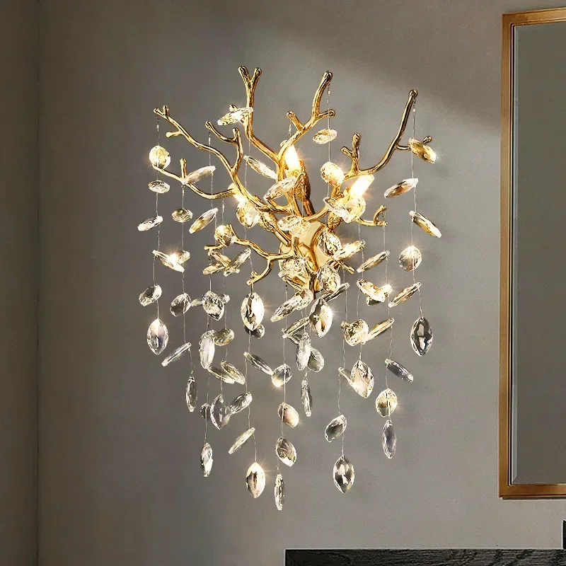 Noridc Living Room Wall Lamp Light Luxury Gold Wall Sconce Aluminum TV Backdrop Wall Lights European Light Crystal Decor LED