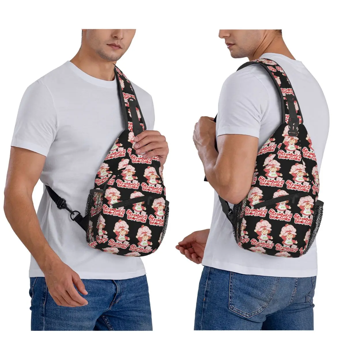 Sweet Strawberry Character Art Chest Bag Men Sling Crossbody Backpack Chest Bag Traveling Hiking Daypack Shoulder Bag