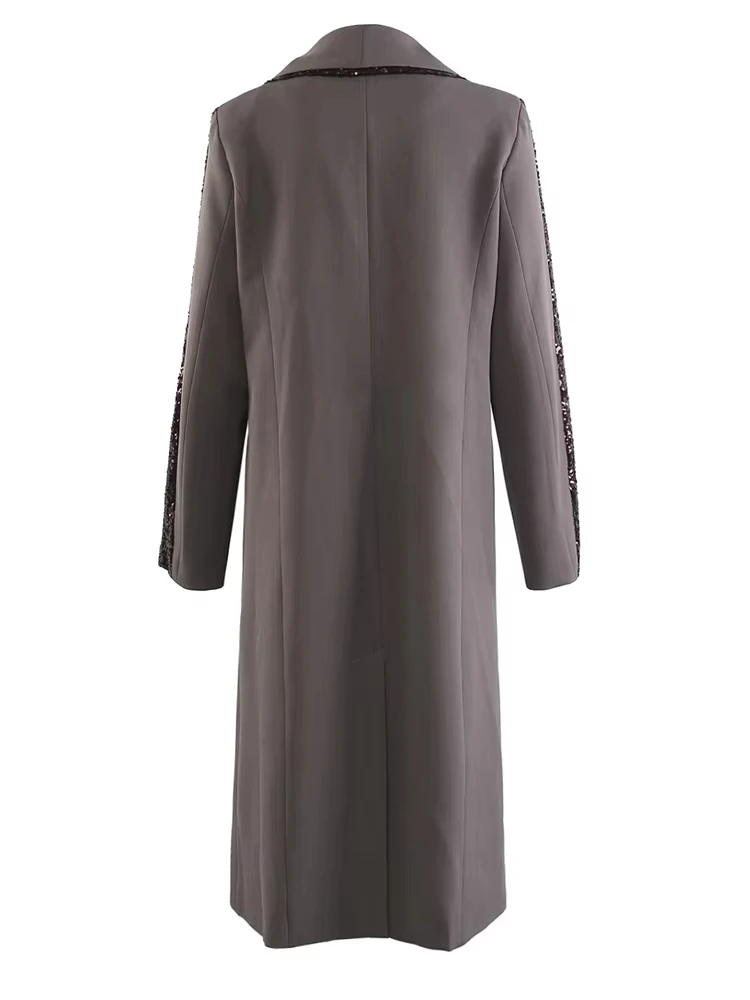 Woman Clothing Camel Sequins Spliced Big Size Long Blazer New Lapel Long Sleeve Jacket Fashion Tide Spring Autumn2025 outerwears