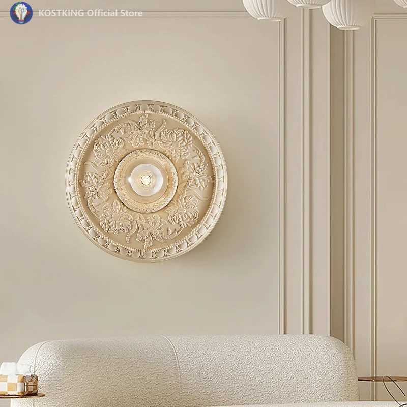 French Circular White Bedside Wall Lamp Bedroom High-end Retro Round Living room Sconce Milk White Glass Lampshade Light Fixture