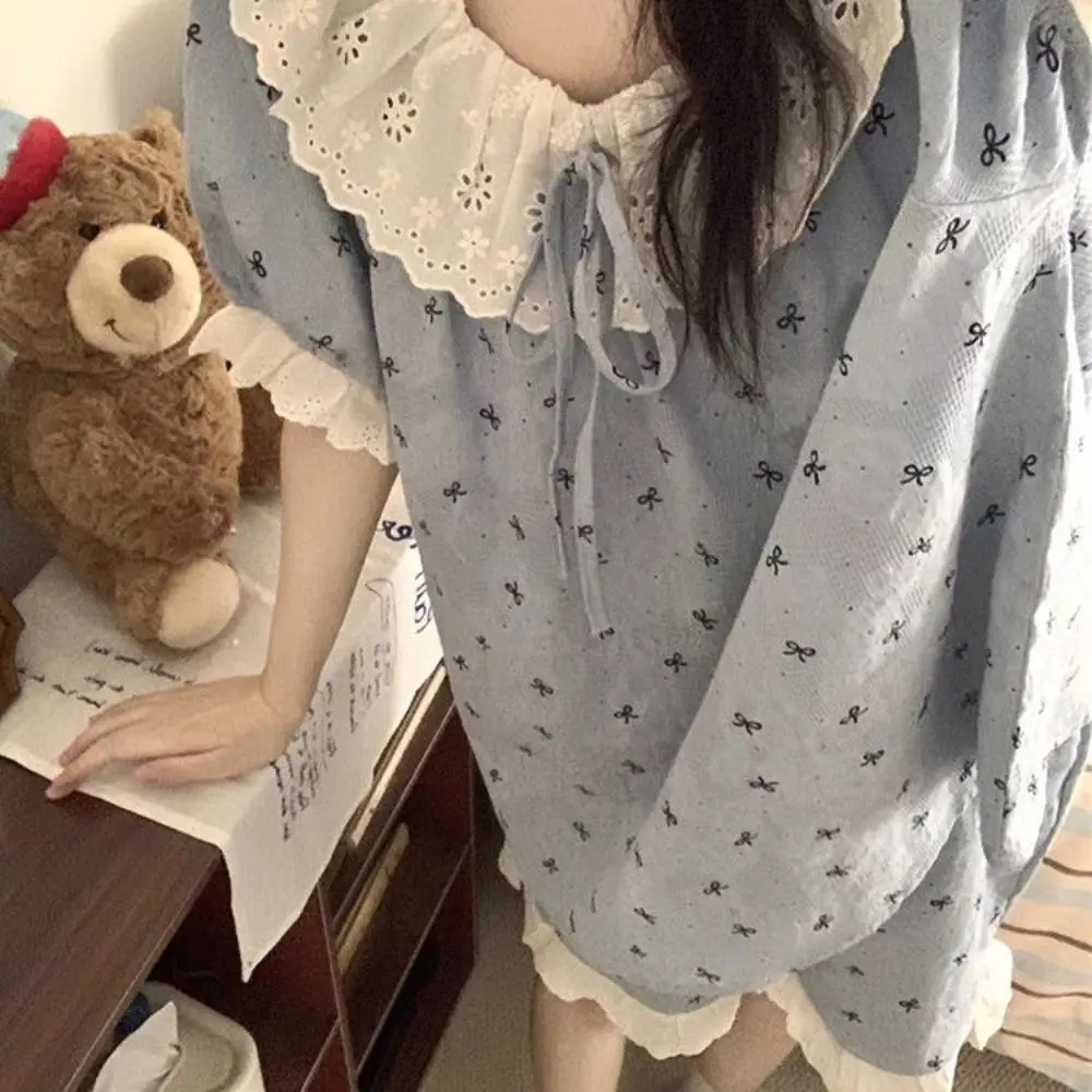 الدانتيل كشكش الدانتيل شبكة بيجامة دعوى جولة الرقبة فضفاضة السراويل بروتيل نوم النساء Homewear قصيرة الأكمام