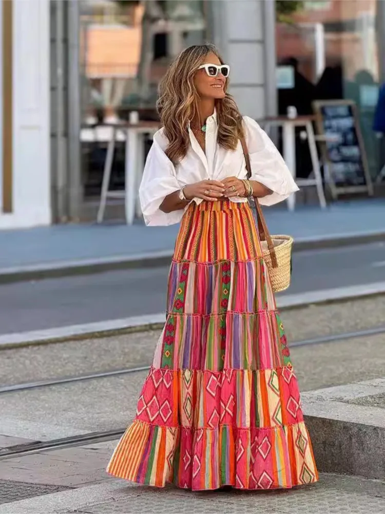 Printed Ruffles A-line Skirt Women Fashion Casual Bohemian Vacation Commuting Style Loose Long Skirts Trendy Female Clothing