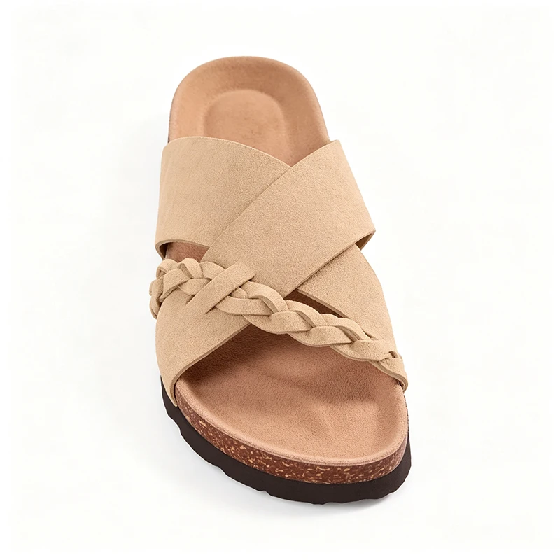 Smile Popcorn Women's Crisscross Braided Cork Slide Sandals Flat Slippers with Soft Arch Support Summer Casual Beach Slippers