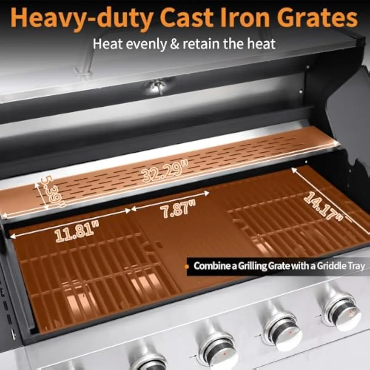 6 Burner Gas Grill with Reversible Cast Iron Griddle Plate Smooth & Ridged Sides Stainless Steel Construction 446 Sq In Main Coo
