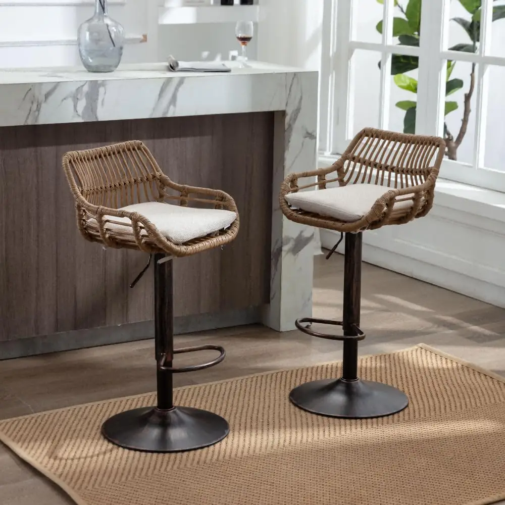 

Vintage Adjustable 360° Swivel Rattan Bar Stool with Footrest Sturdy Frame for Kitchen Island Beige Set of 2, Customized