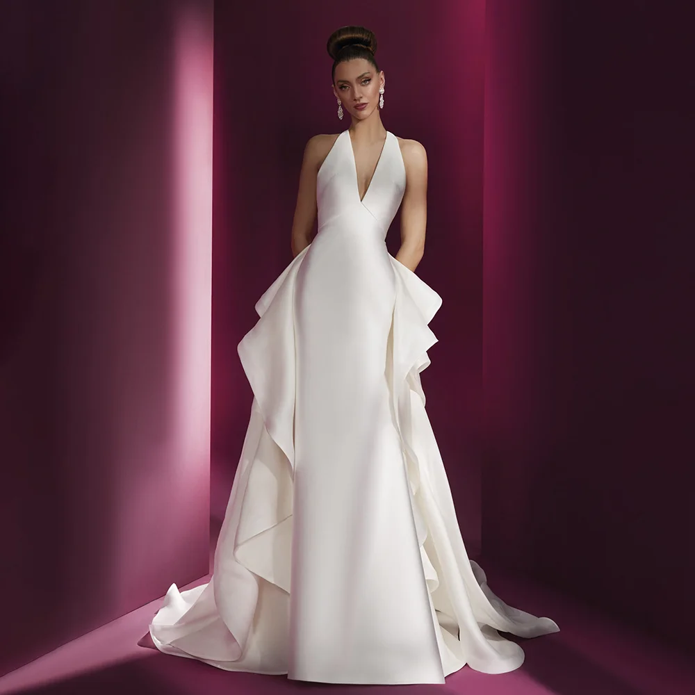Gorgeous Halter Solid Wedding Dress Fashion V-Neck Ruched Mermaid Gowns with Detachable Tail Elegant Sweep Train Bride Dress