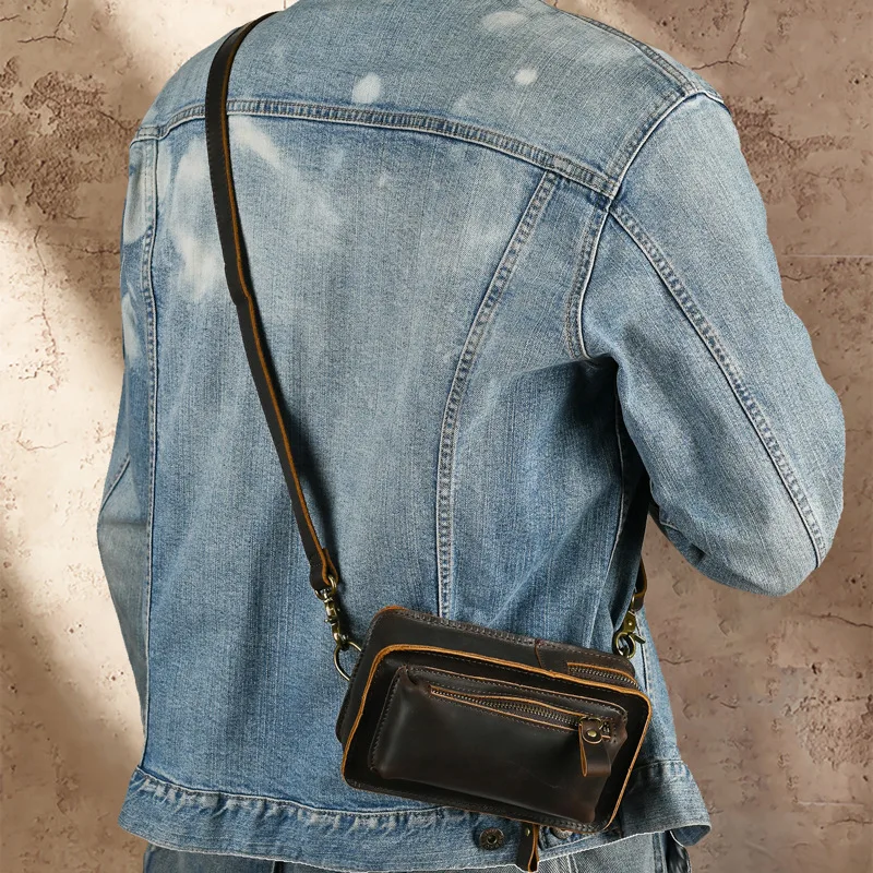 

Crazy Horse Genuine Leather Crossbody Waist Bag Dual Carry Multi-Pocket Phone Holder Retro Casual Outdoor Cowhide Shoulder Bags
