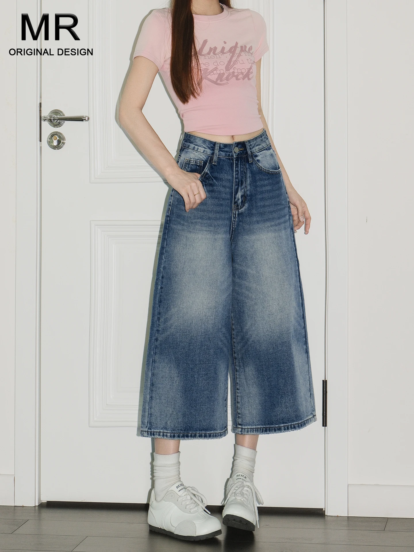 

American Style Loose Blue Wide Leg Denim Jeans Women's Summer Hot Girl High Waist Casual Straight Cut Trousers