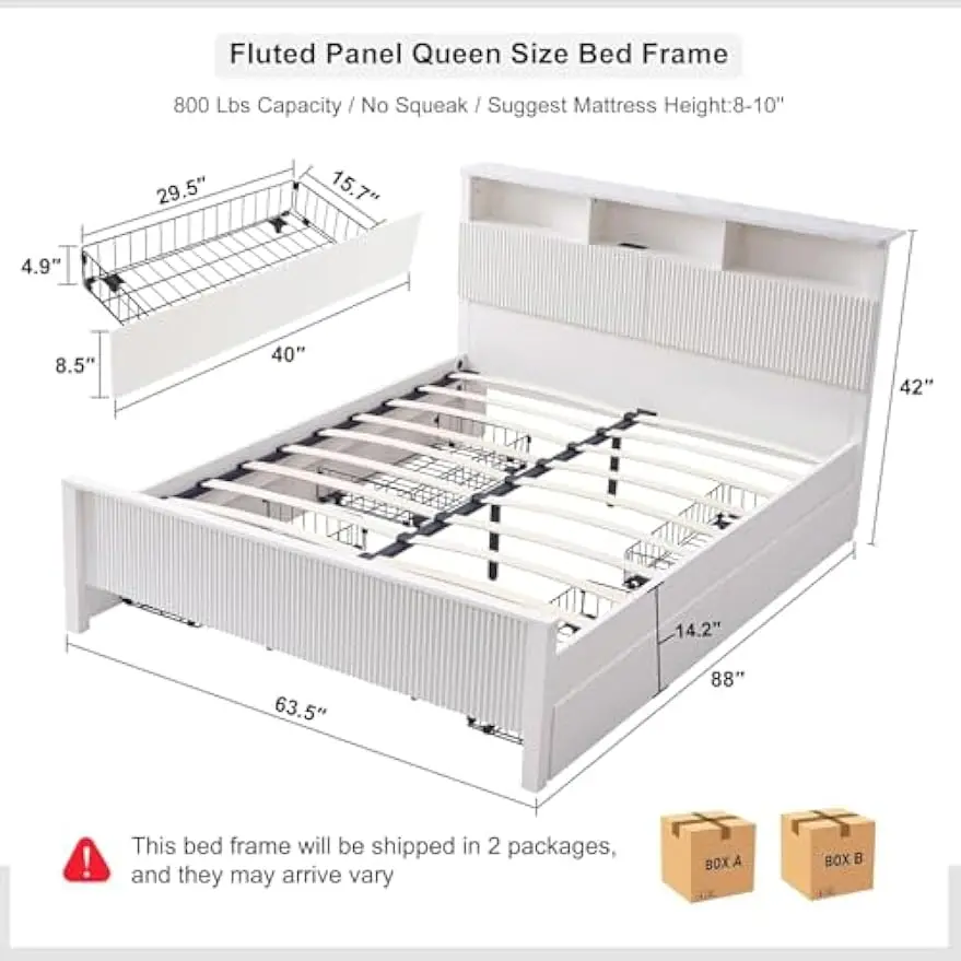 Fluted Queen Bed Frame with Bookcase Headboard, Charging Station & 4 Drawers, Solid White