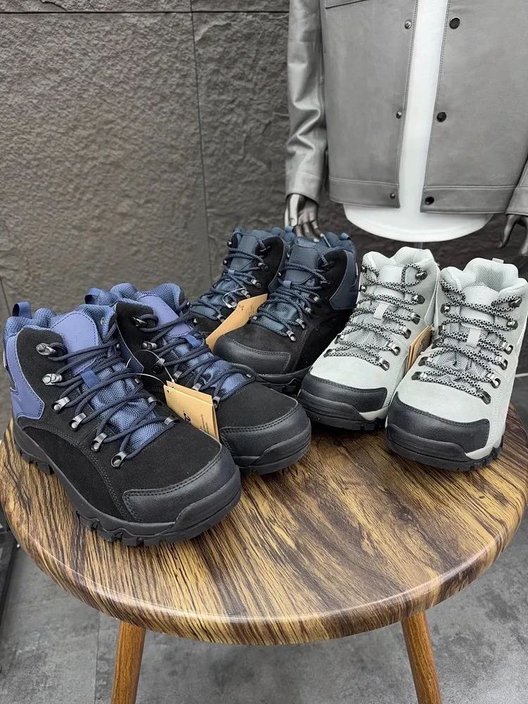 Chaussures d'extérieur en daim de vache pour hommes, baskets de randonnée épissées en cuir, plateforme coordonnante, à lacets, chaussures de camping hautes, baskets de sport imperméables