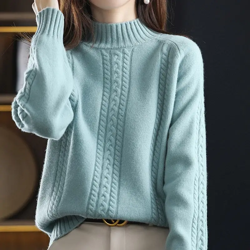 

Autumn and Winter Half Turtleneck Sweater Women's Pullover Autumn Winter New Twist Top Bottom Shirt Sweater Solid Casual LJ420