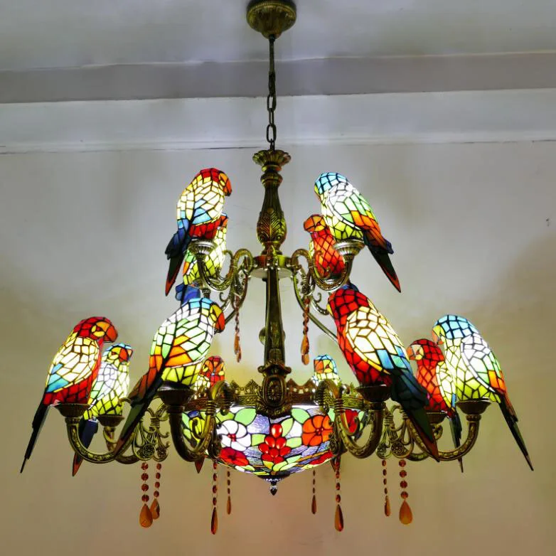 

European style, retro, double layer, colored, glass, parrot, pastoral, living room, chandelier