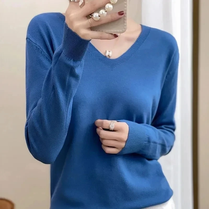 Women Sweater Autumn Winter V-neck Knitwear Long Sleeve Loose Cashmere Sweater Pullovers Lady Jumper Soft Elastic Knitted Tops