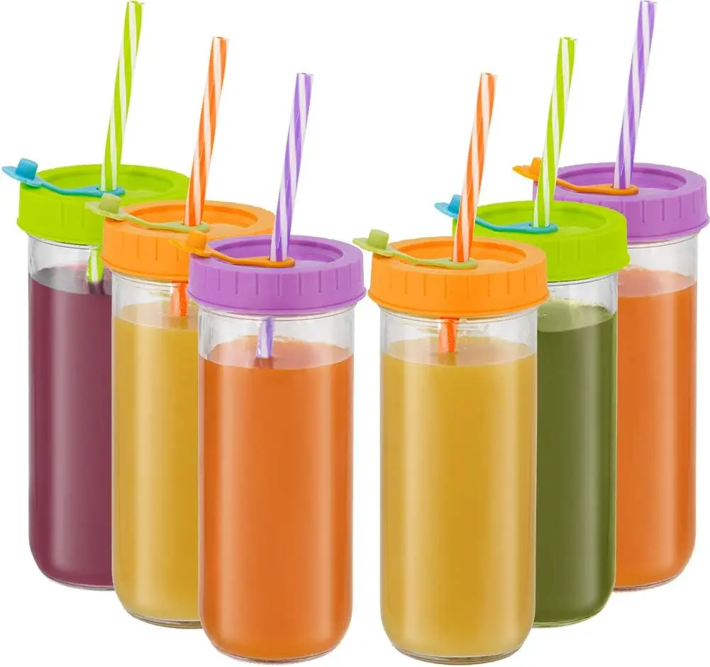 16oz Mason Jars 6-Pack with Airtight Lids & Straws, Reusable Glass Bottle for Juice/Smoothies/Tea