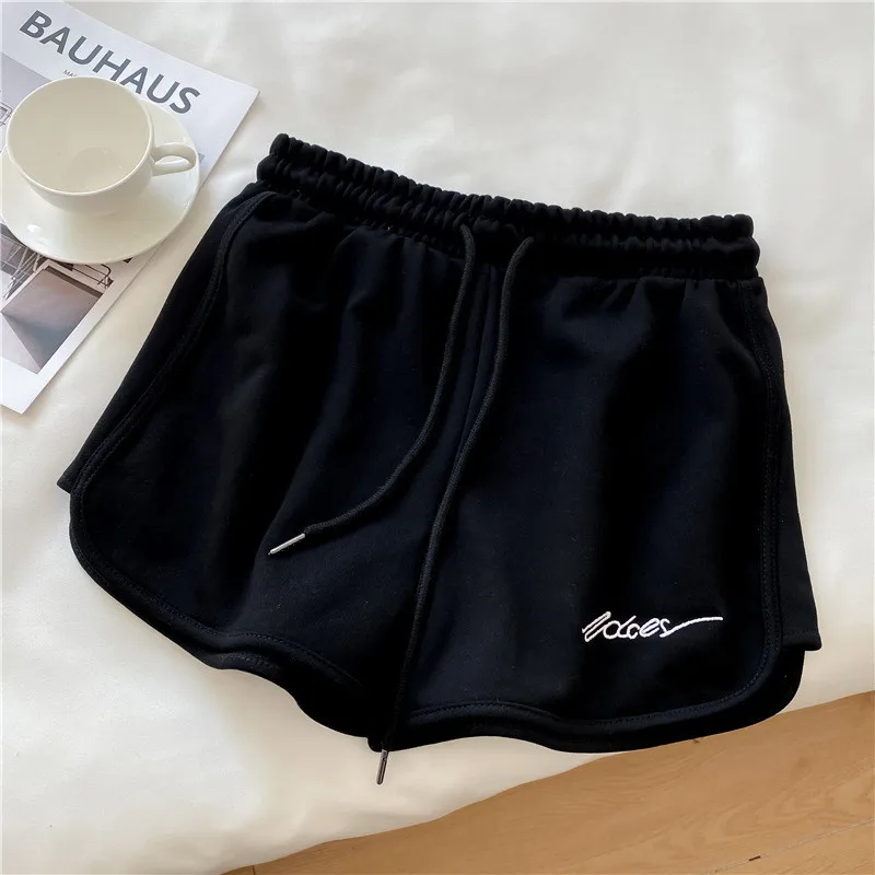 Damen Freizeit-Sweatshorts mit Elastikbund, Stickerei und Schriftzug, lockere Sportshorts, Sommer, einfarbig, Homewear, kurze Hose – Detail 6