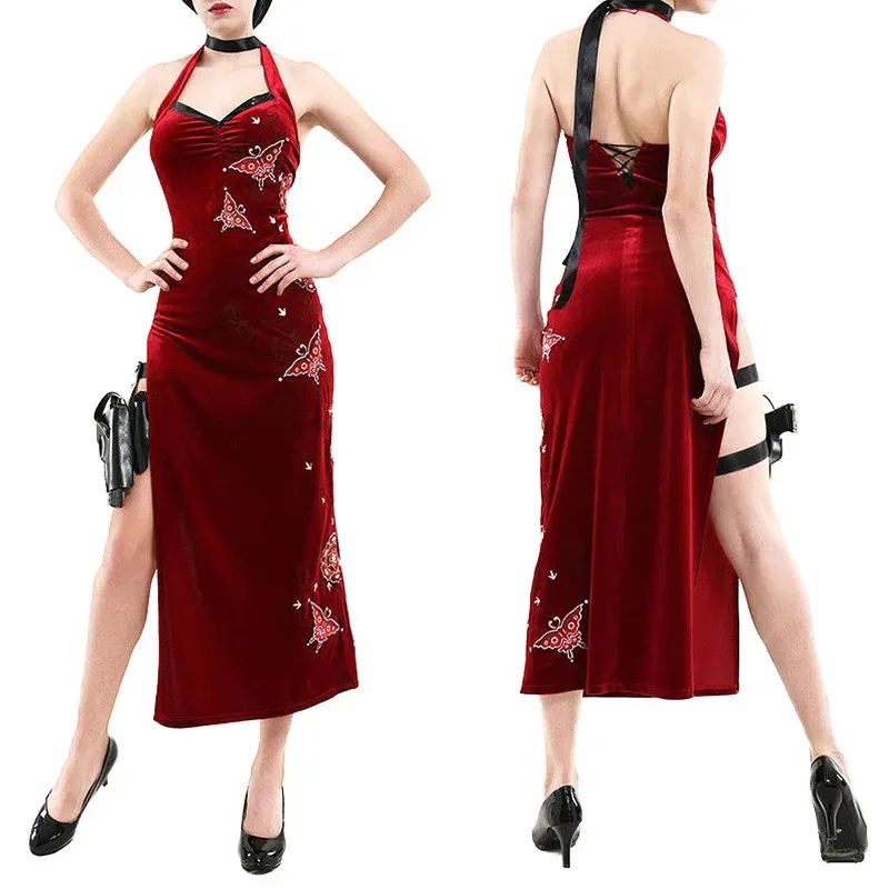 

Game Anime Ada Wong Cosplay Costume Embroidered Plaid Style Red Dress Game Resident Halloween For Role Playing Costume Women