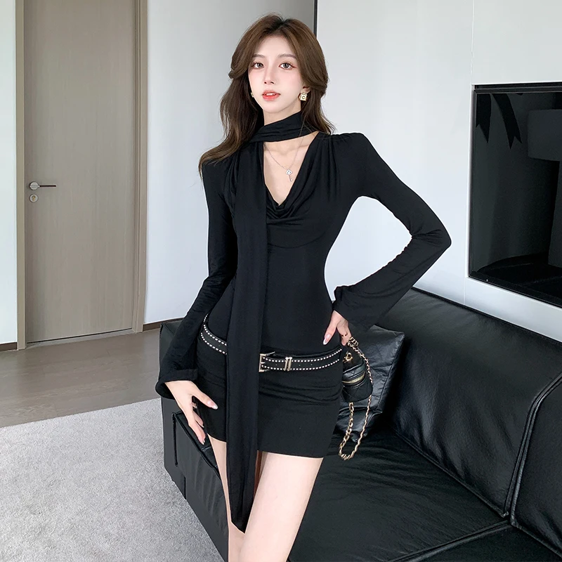 Fall 2025 Korean Sle Long Sve Bodycon Dr Women's High Waist ort Skirt Slimming Effect Ladylike Pure Desire