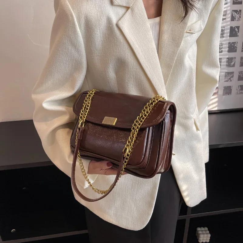 Women\'s Fashion Solid Vintage Shoulder Bag Chain Crossbody PU Bag Outdoor Mobile Phone Bag Leather Satchel Ladies Handbags