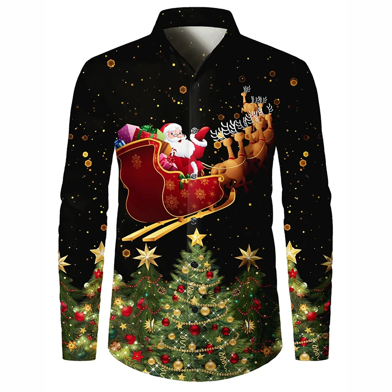 Men Turn‑down Collar Shirt Long‑sleeve Starry Night Santa‑sleigh X‑mas Tree Graphic Print Button‑front Festive Blouse