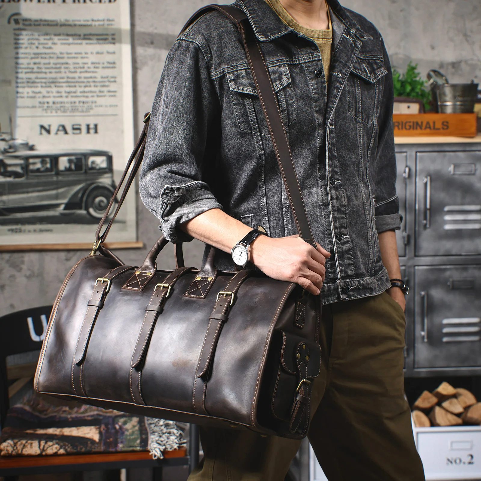 Vintage Echtleder-Reisetasche für Herren, Große Kapazität, Leder-Sporttasche, Klassischer Stil, Wochenendtasche, Übernachtungstasche – Detail 4