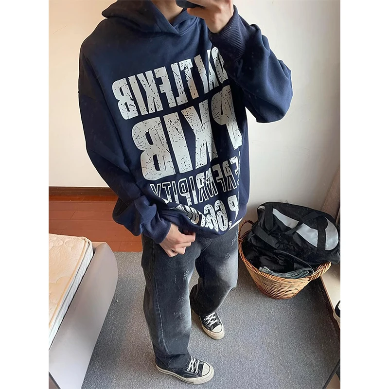 

Мужская толстовка оверсайз для пар, весна-осень, синяя, в американском ретро-стиле, плотная (500 г), повседневная, свободного кроя, молодежный тренд