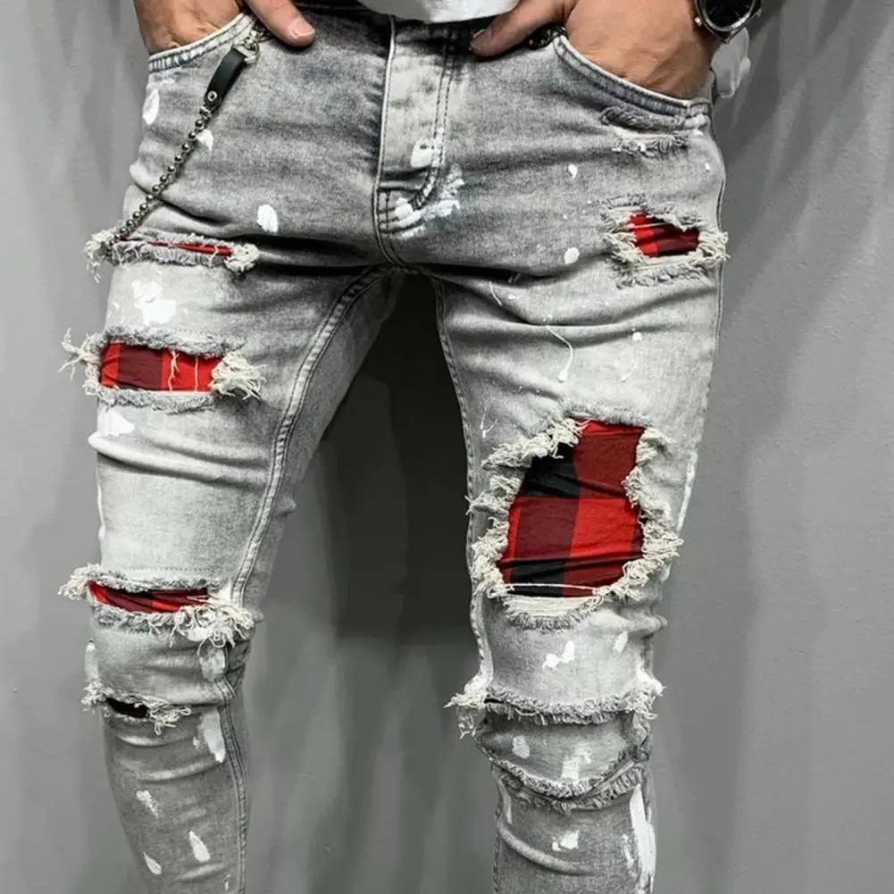 Men Denim Trousers Quilted Embroidered jeans Skinny Pants Ripped Grid Stretch Denim Pants Elastic Waist Patchwork Jogging Jeans