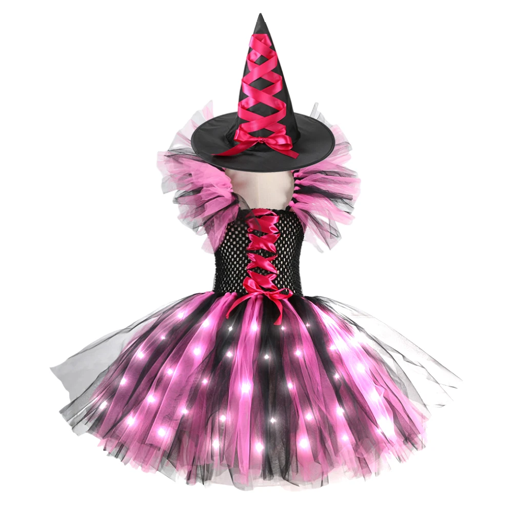 Girls Witch Halloween Cosplay LED Dress Carnival Vestidos Party Kids Children Glowing Costume Party Princess Dress