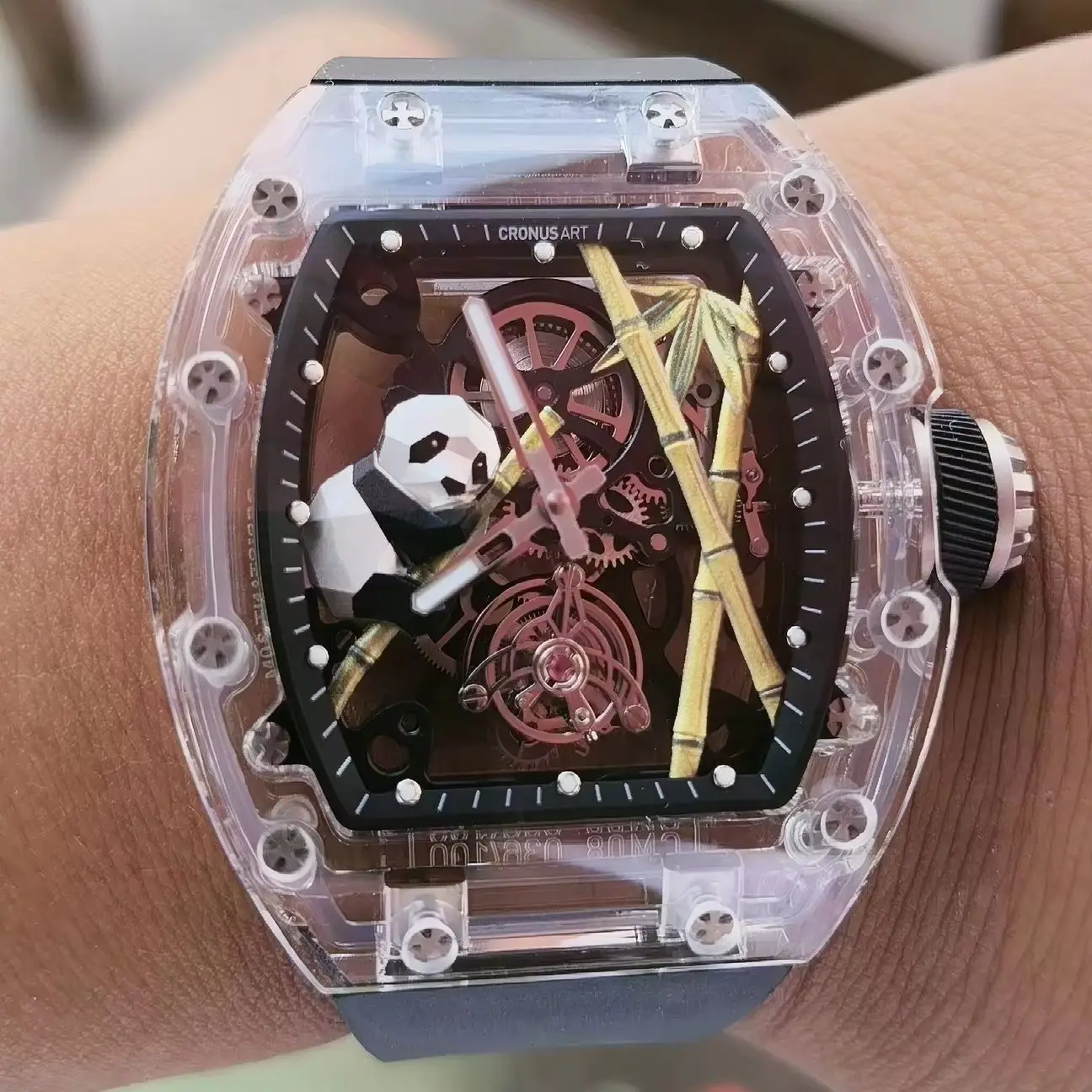 CRONUSART Men Tourbillon Watch Tonneau Automatic Mechanical Wristwatch Sapphire Case & Mirror Luminous Skeleton Panda Dial