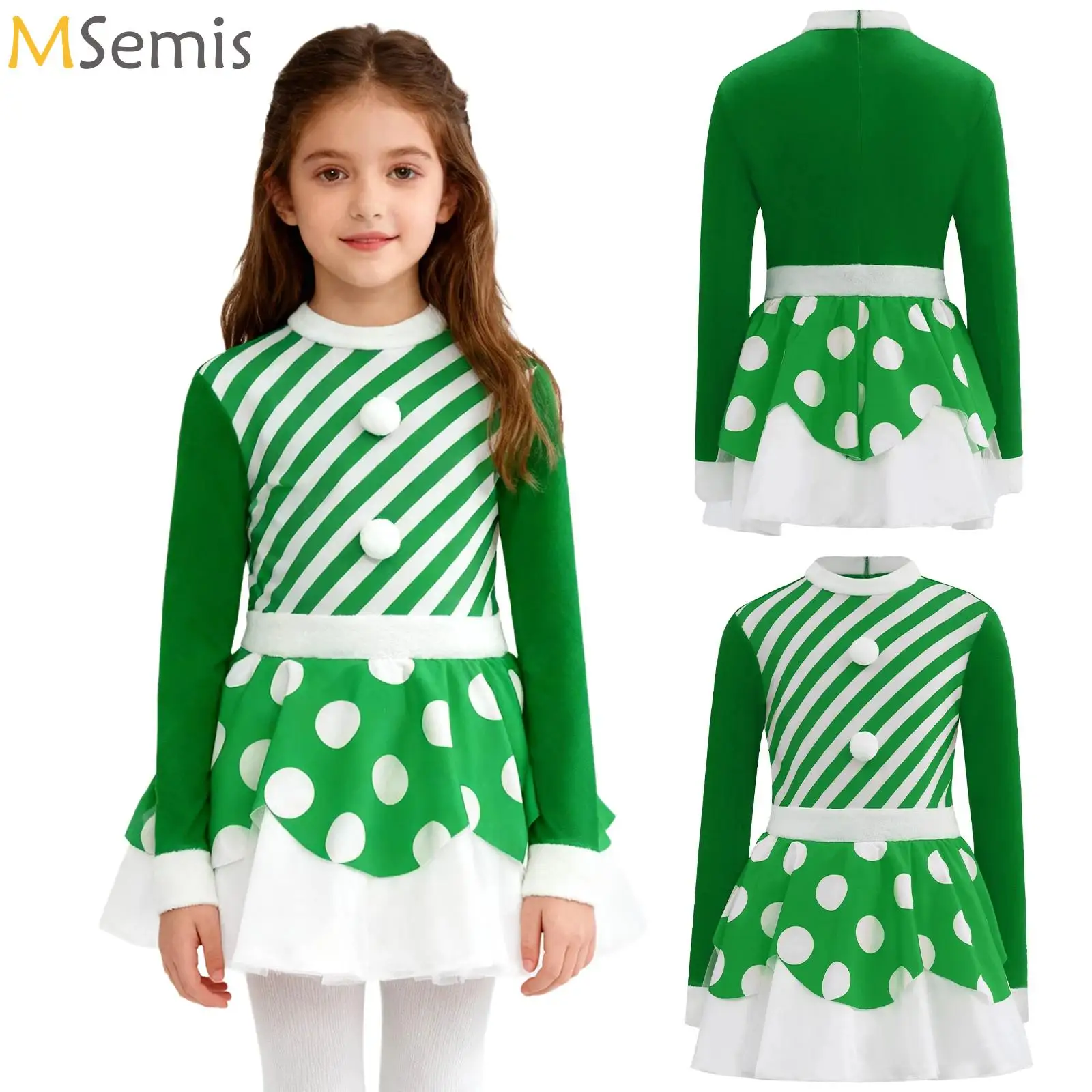 

Girls Christmas Ballet Dance Jersey Figure Skating Tutu Dress Striped Long Sleeve Tulle Skirt Xmas Carnival Santa Claus Cosplay