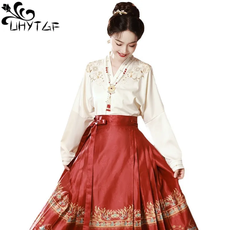 Frauen frühling herbst 2 stücke set hanfu anzug weibliches temperament elegantes top hemd rock neuer chinesischer hochwertiger pferde gesichts rock 2962