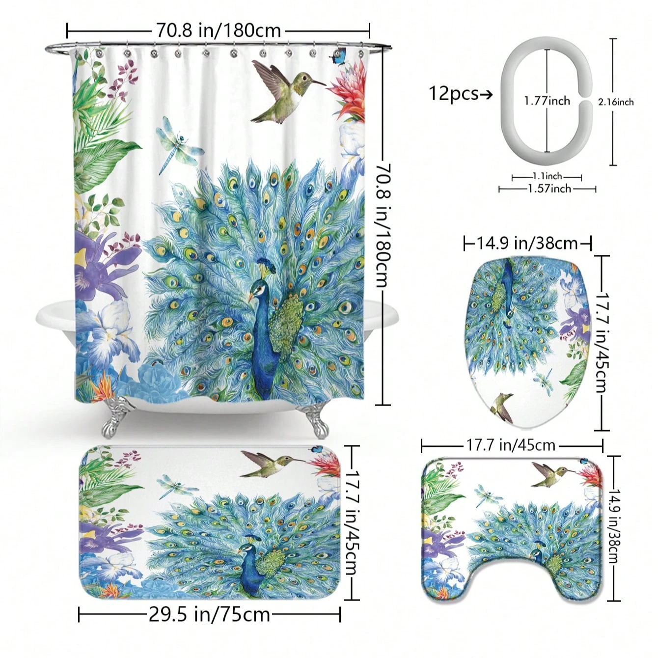 4pcs Peacock, Dragonfly&Bird Multi-Functional Waterproof Bathroom Shower Curtain With 12 Hooks ， Anti-Slip mat For All Occasions