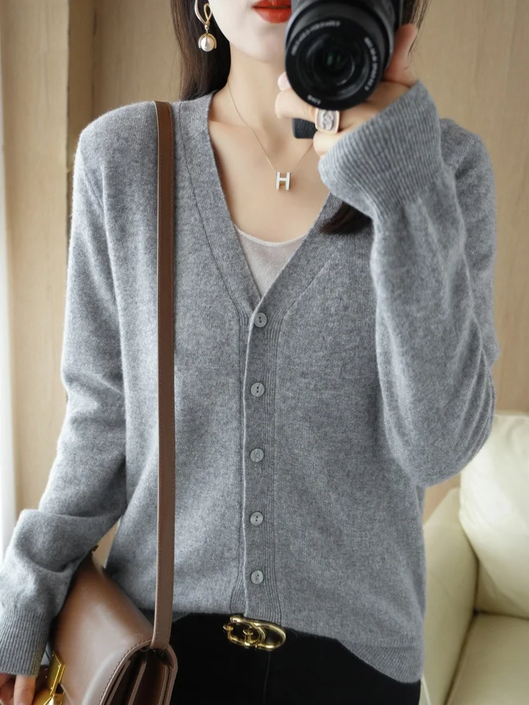 2024 New Women\'s cashmere cardigan Spring and Autumn Women\'s cardigan V-neck casual fashion top with multiple colors available