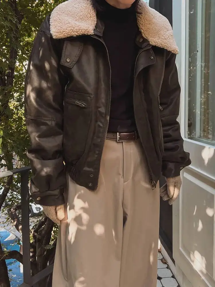 

SYUHGFA Leather Stand Collar Cotton Coat For Men's 2025 Winter Korean Style Loose Lamb Motorcycle Pu Padded Jacket Trend Male