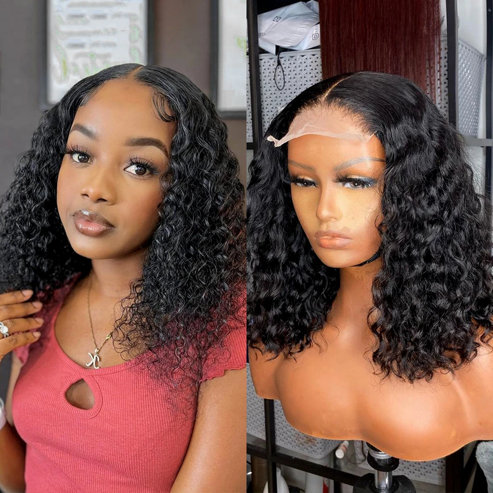 Peruvian Short Bob Wig Water Wave Human Hair 4x4 Lace Closure Wigs for Women Remy Hair Pre Plucked Water Curly Natural Hairline