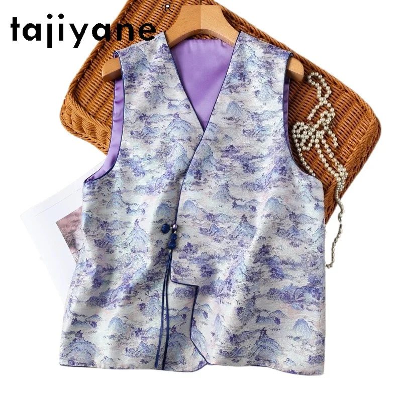 TAJIYANE 100% Mulberry Silk Women's Tanks New Chinese Style Vest Song Brocade V-Neck Summer Tops for Woman Clothing 2026 ropa