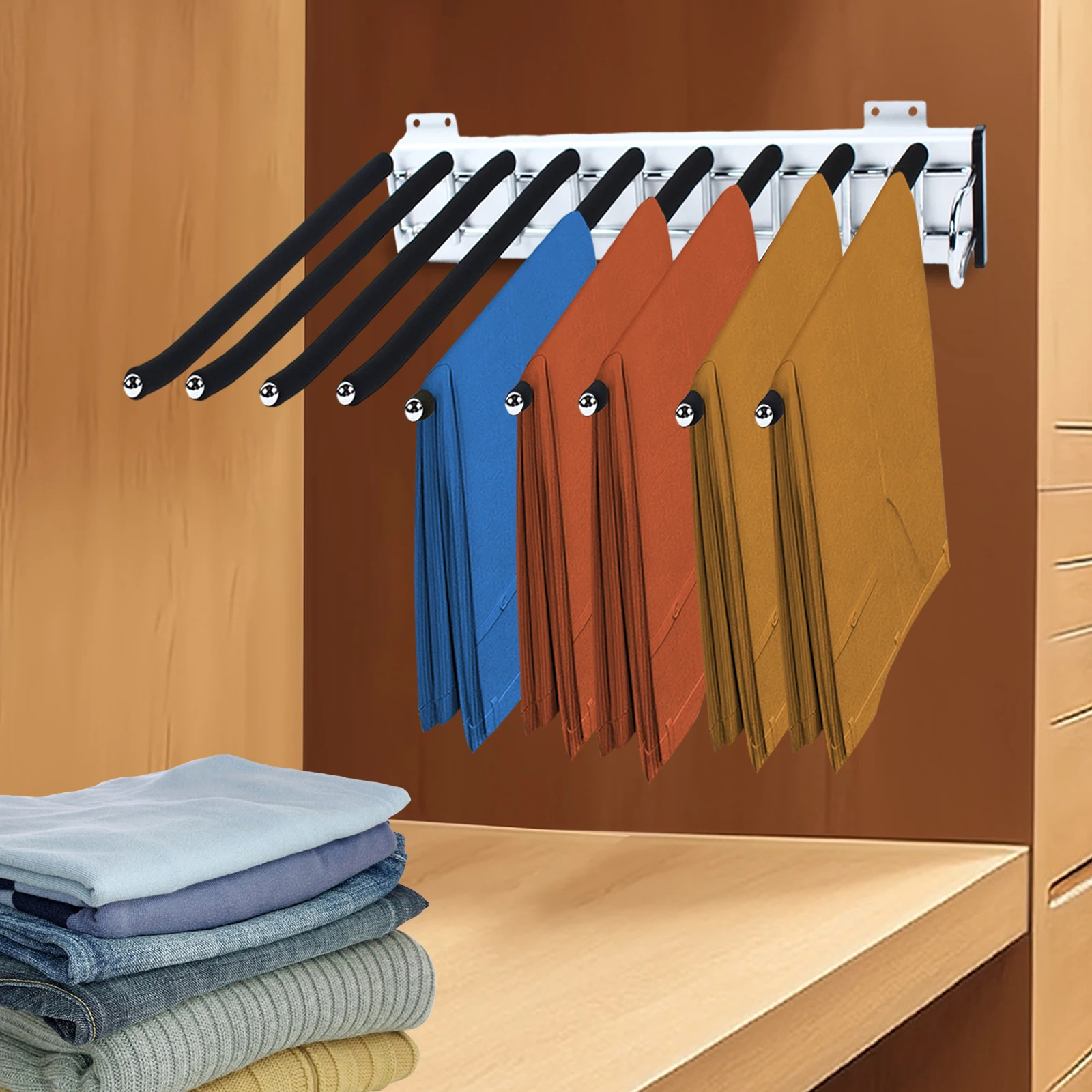 9-Rod Premium Pull-Out Wardrobe Pants Rack Space-Saving for Modern Closet Storage Pants Storage Organize Shelf Rack Wall Mounted