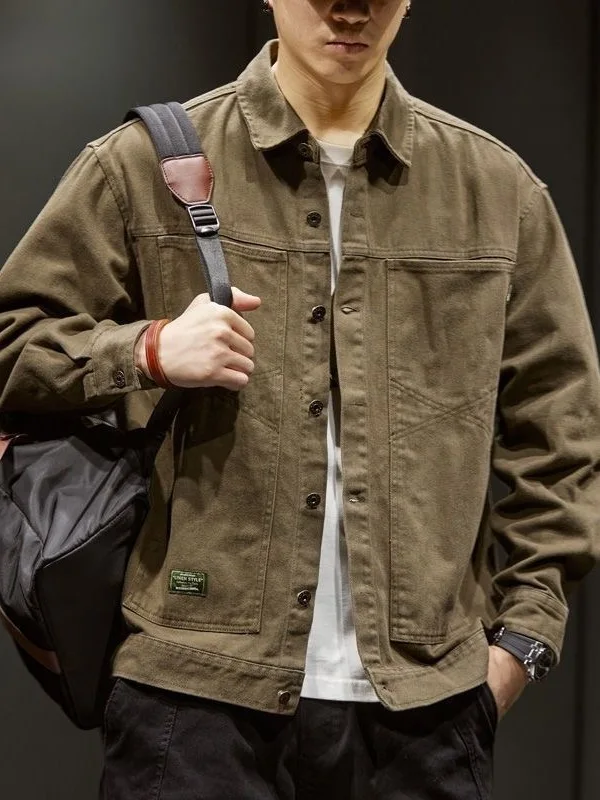 

Мужская джинсовая куртка в стиле американского ретро, свободного кроя, больших размеров, весенняя, повседневная, с воротником-стойкой, модная молодежная одежда