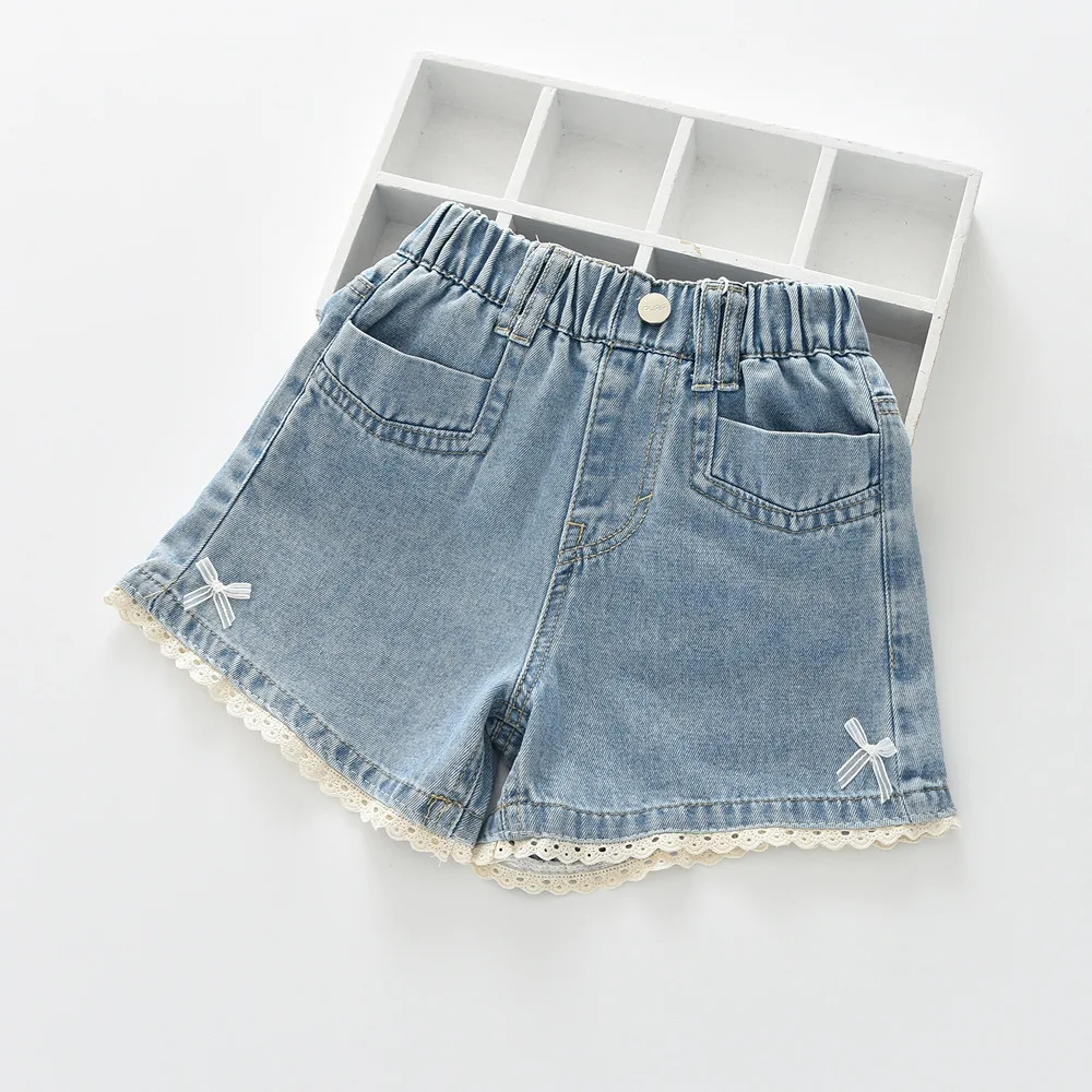 

2026 summer new elastic waist girls clothes lace bow denim shorts