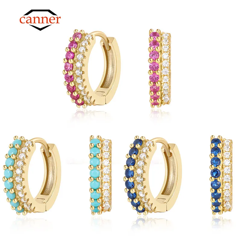 CANNER Trendy Colorful Zircon 925 Sterling Silver Hoop Earrings For Women Girl Circle Round Earring Party Engagement Jewelry