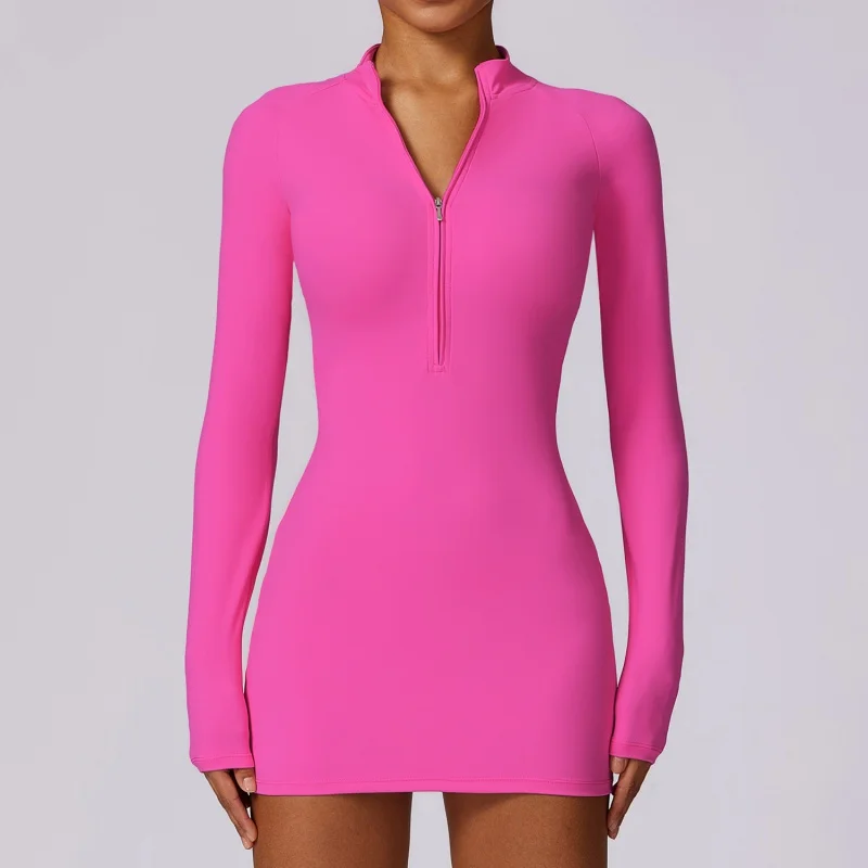 Zipper Nude Feel Tight Sports Dress Slimming Quick-Drying Fitness Yoga Long Sleeve Casual Dress8687